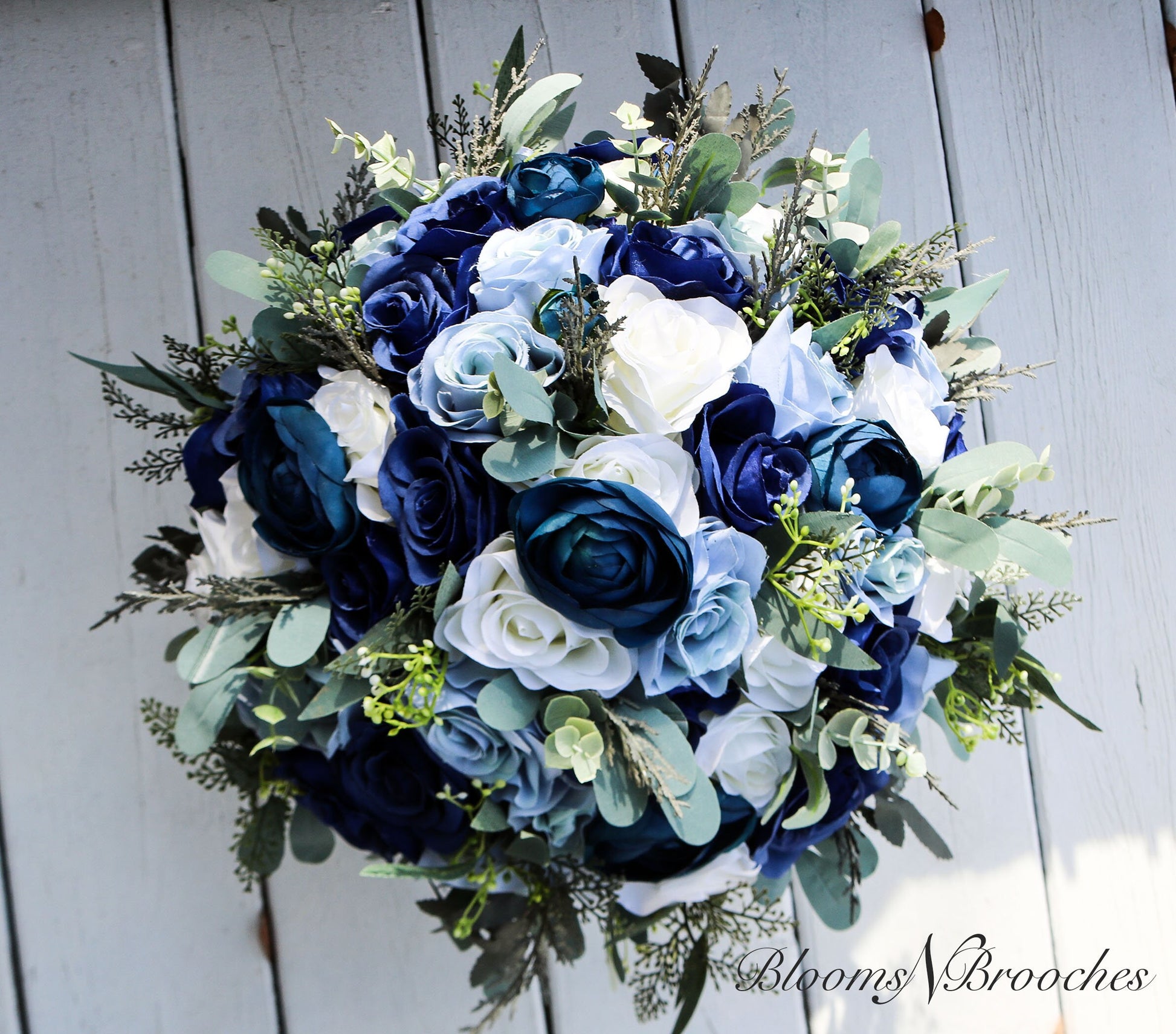 Boho Wedding Bouquet in Navy Dusty Blue and Ivory, Faux Bridal and Bridesmaids bouquets, Artificial Wedding Flowers Roses, eucalyptus