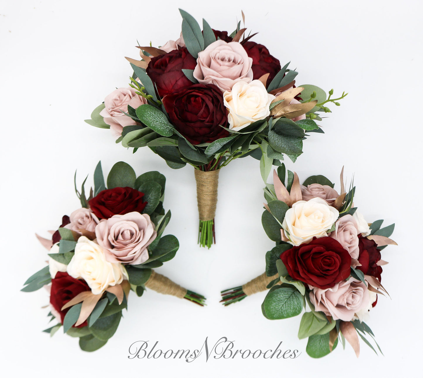 Wine Dusty andIvory Cream Boho Rose Gold Wedding Bouquets, Bridal Bouquet, Bridesmaids bouquet, Artificial Wedding Flowers Burgundy Flowers