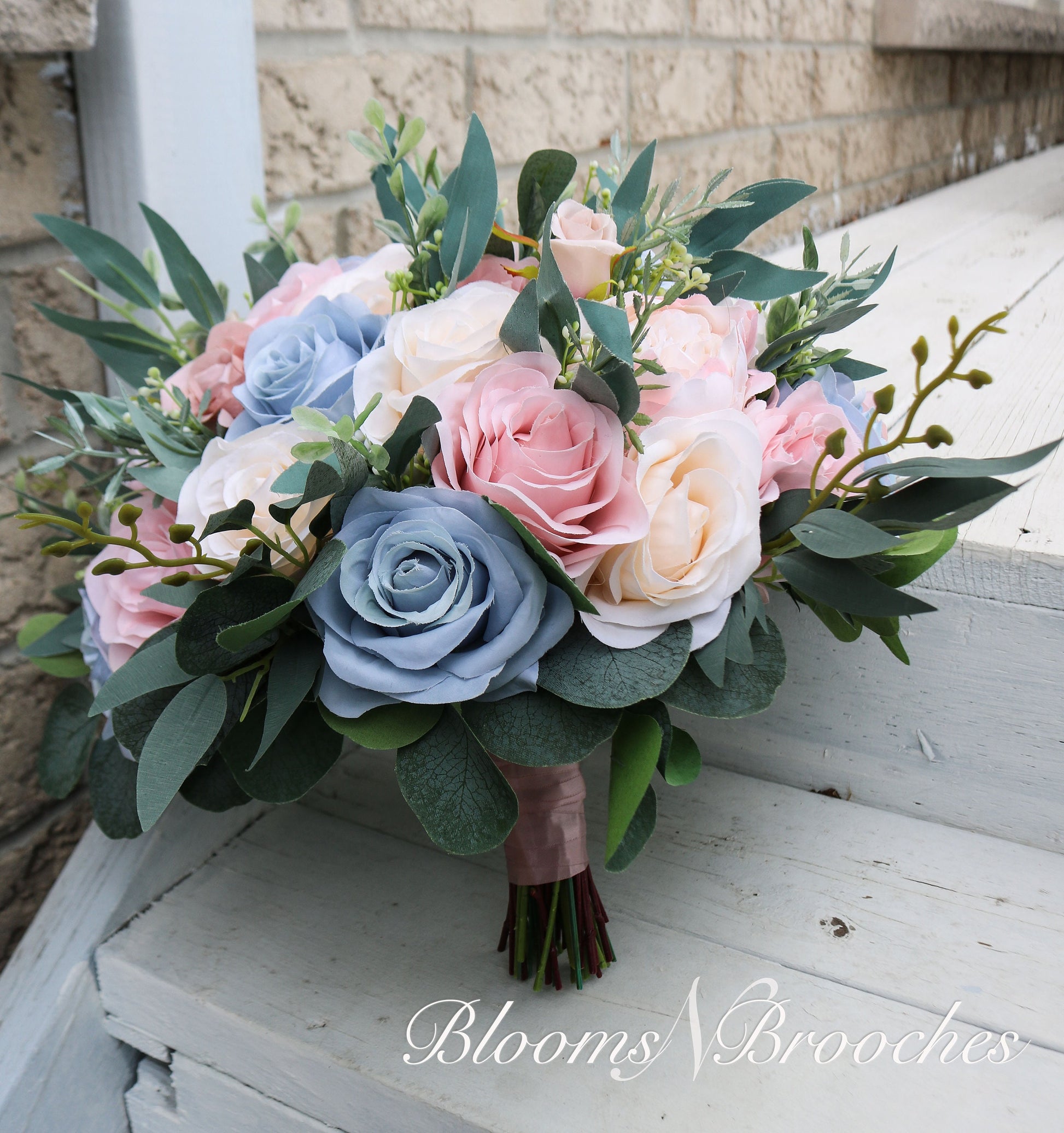 Dusty Rose, Blush, dusty blue Bridal Bouquet, Artificial Wedding