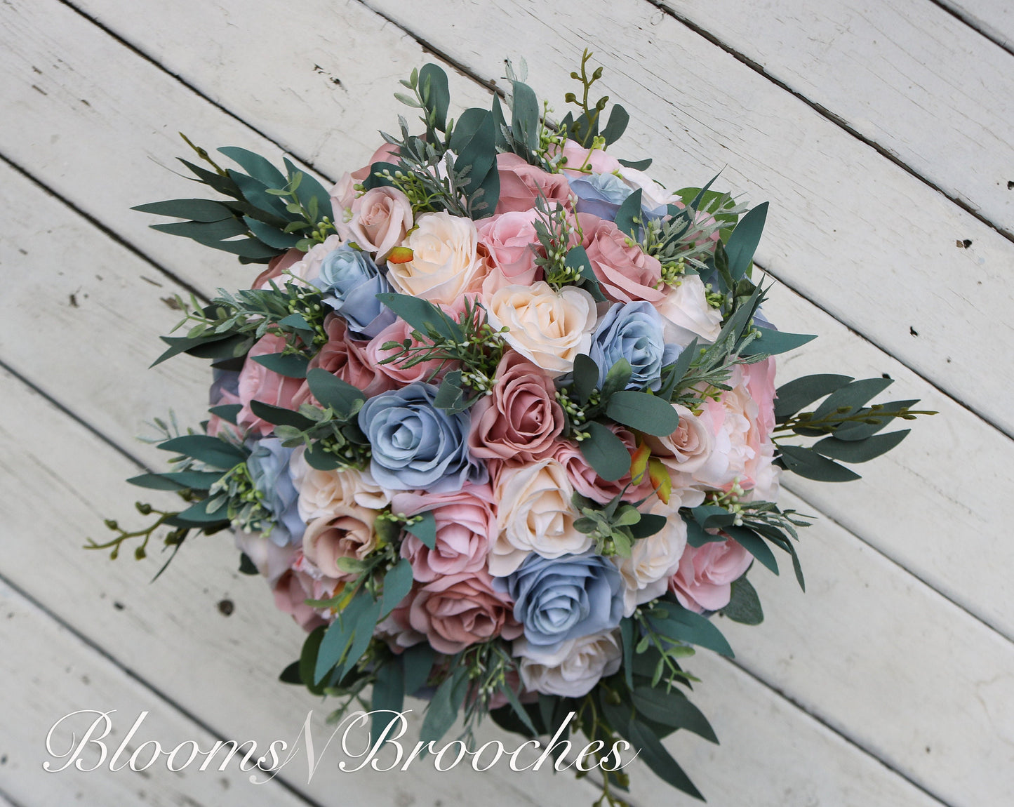 Dusty Rose, Blush, dusty blue Bridal Bouquet, Artificial Wedding Flowers, Bridesmaid Bouquets, Corsage, bridal Flower, wedding flowers