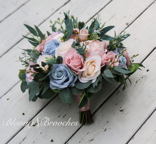 Dusty Rose, Blush, dusty blue Bridal Bouquet, Artificial Wedding Flowers, Bridesmaid Bouquets, Corsage, bridal Flower, wedding flowers