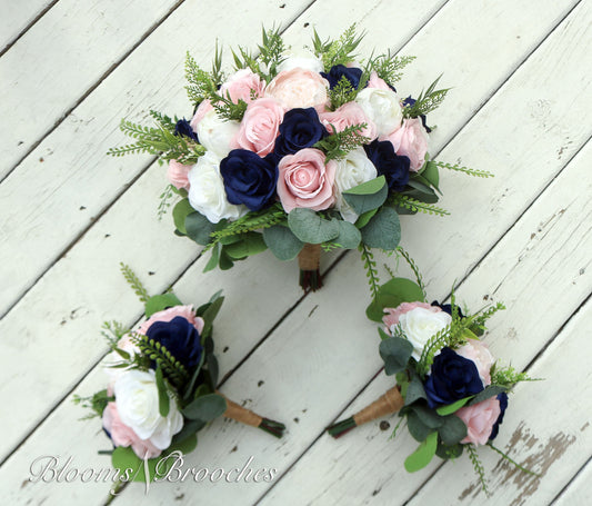 Wedding Bouquets, Navy Blush and Ivory BohoBridal Bouquet, Bridesmaids bouquet, Artificial Wedding Flowers, Boho Wedding, Burgundy Flowers,