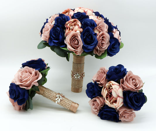 Navy Dusty Rose and Rose Gold Wedding Bouquet, Navy Bridal Bouquet, Bridesmaids Bouquets, Artificial Wedding Flowers, Roses, Peonies