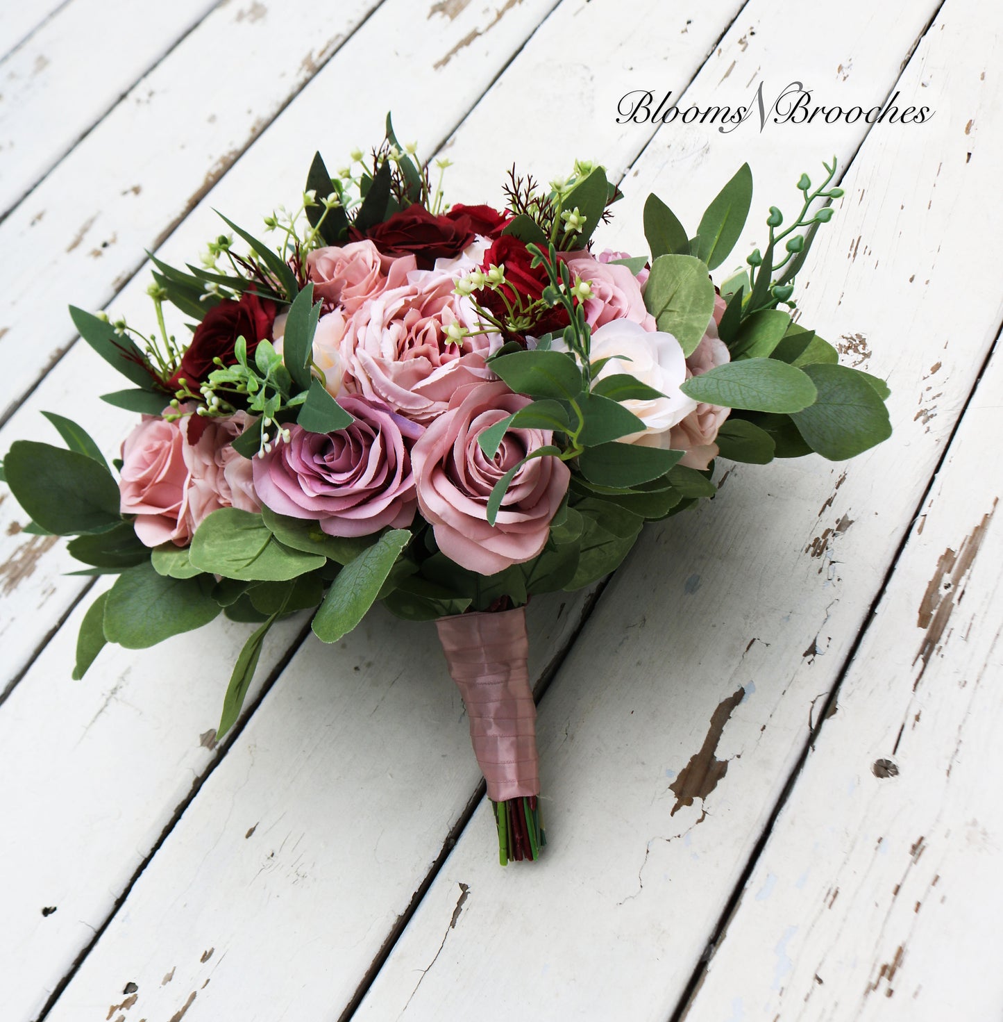 Wine Blush and Dusty Rose Boho Wedding Bouquets, Faux Bridal Bouquet and Bridesmaids bouquets, Burgundy Flowers for Weddings, Silk