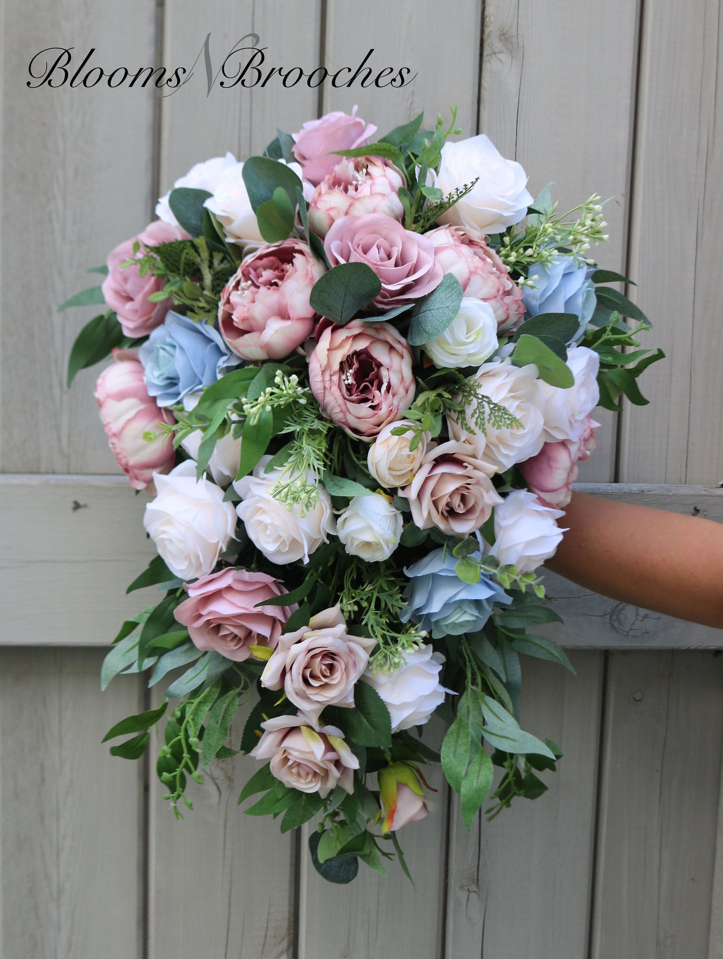 Cascade Bridal Bouquet, Wedding Bouquet Cascade, Dusty Blue Dusty Rose, Ivory Bouquet, Faux Wedding Flowers, Wedding Flowers, silk Bouquets