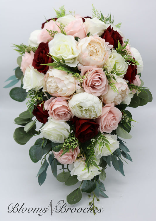 Cascade Bridal Bouquet, Wedding Bouquet Cascade, Wine Blush Ivory Bouquet, Faux Wedding Flowers, Wedding Flowers, Bouquets Flowers, flowers