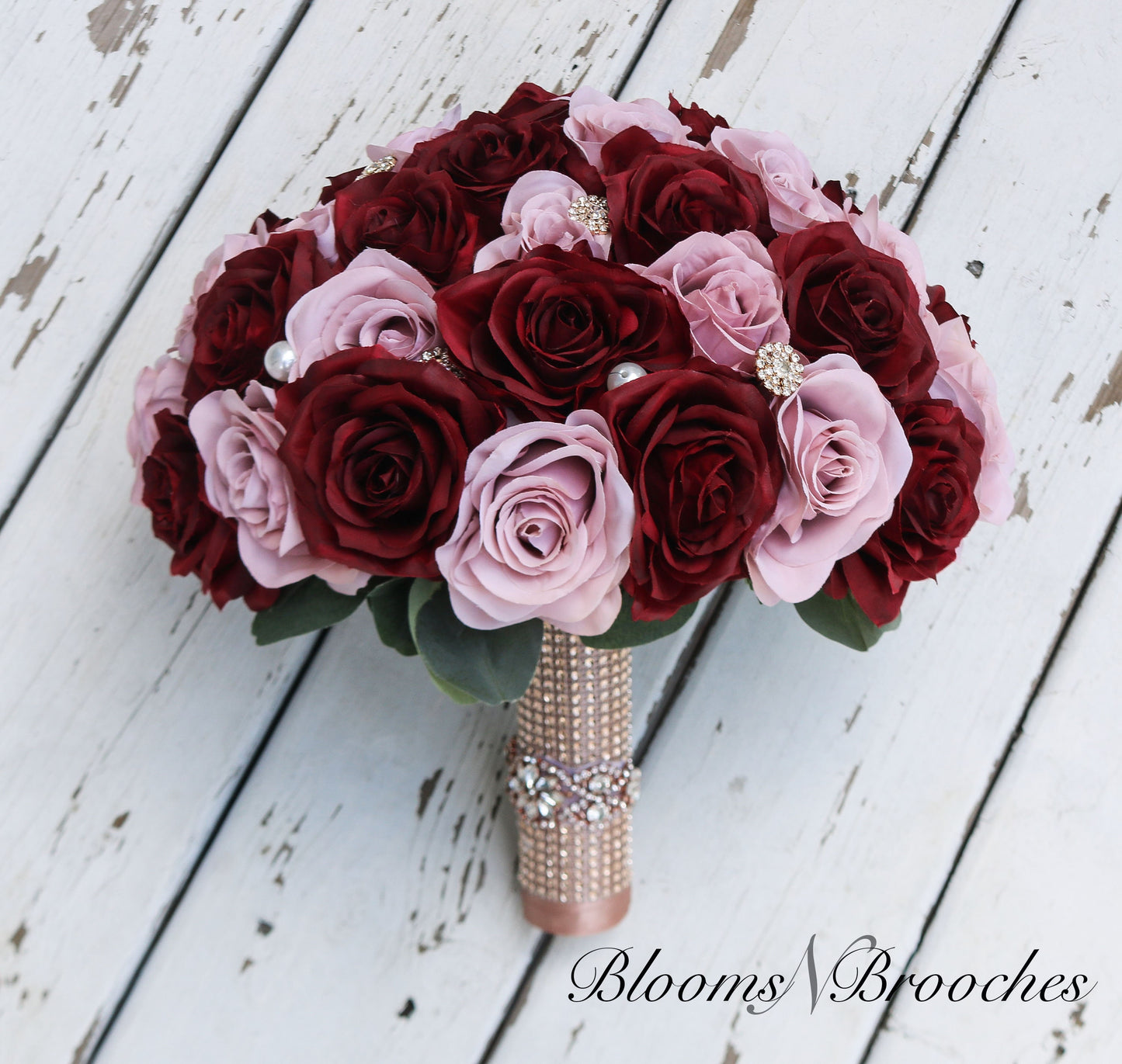 Burgundy and Dusty rose bridal. bouquet, Wedding Bouquet, faux flowers, Rose gold Bouquet, Bridesmaids bouquets, silk bling bouquet,