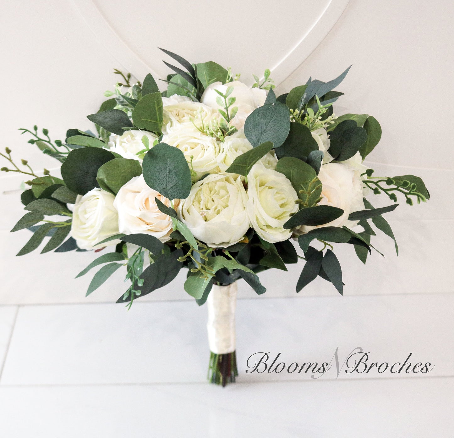 Ivory White & Greenery Wedding Bouquet, Bridal Bouquet, Bridesmaids Bouquets, Boho Wedding Bouquet, Peonies Roses eucalyptus, Faux flowers