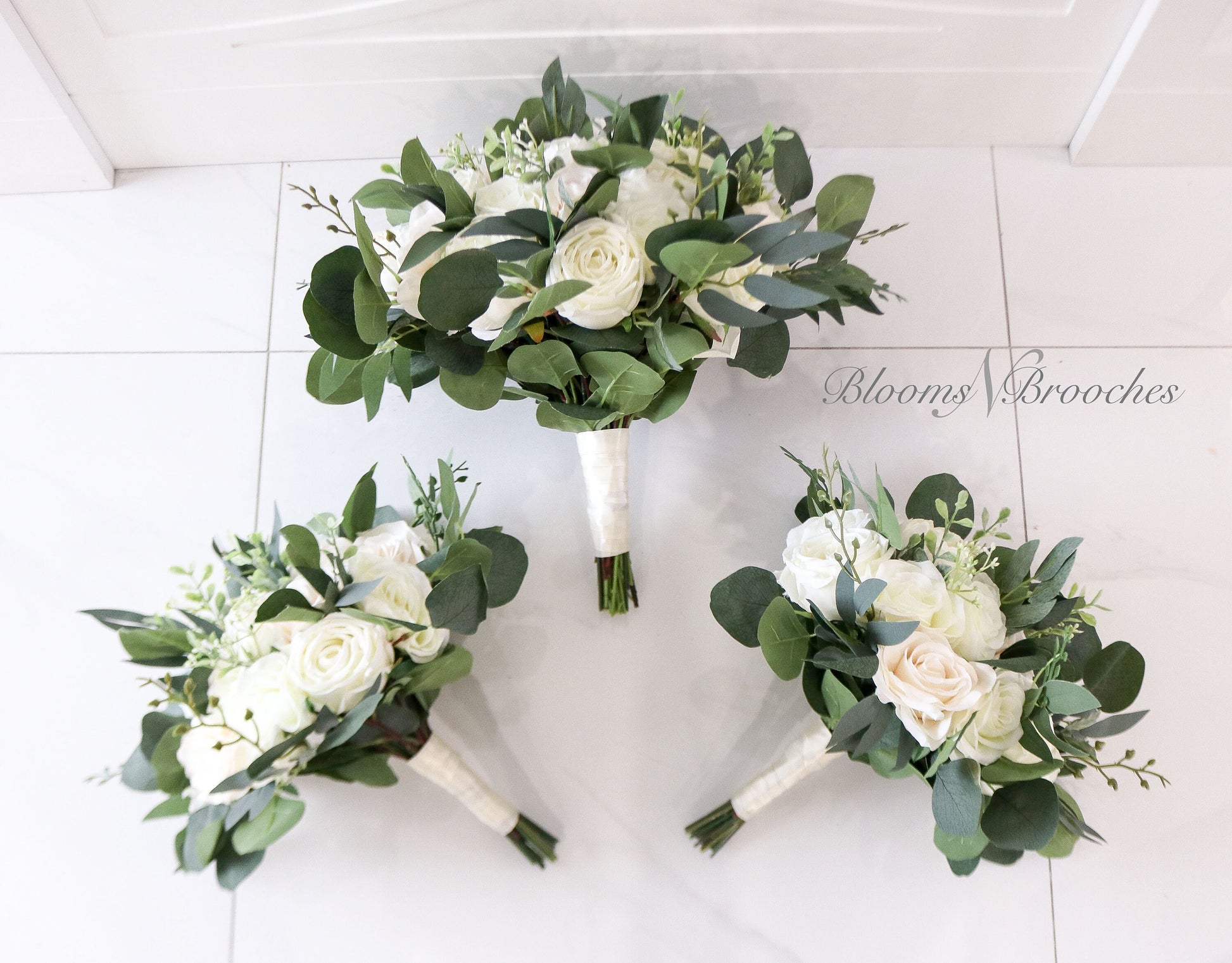 Ivory White & Greenery Wedding Bouquet, Bridal Bouquet, Bridesmaids Bouquets, Boho Wedding Bouquet, Peonies Roses eucalyptus, Faux flowers