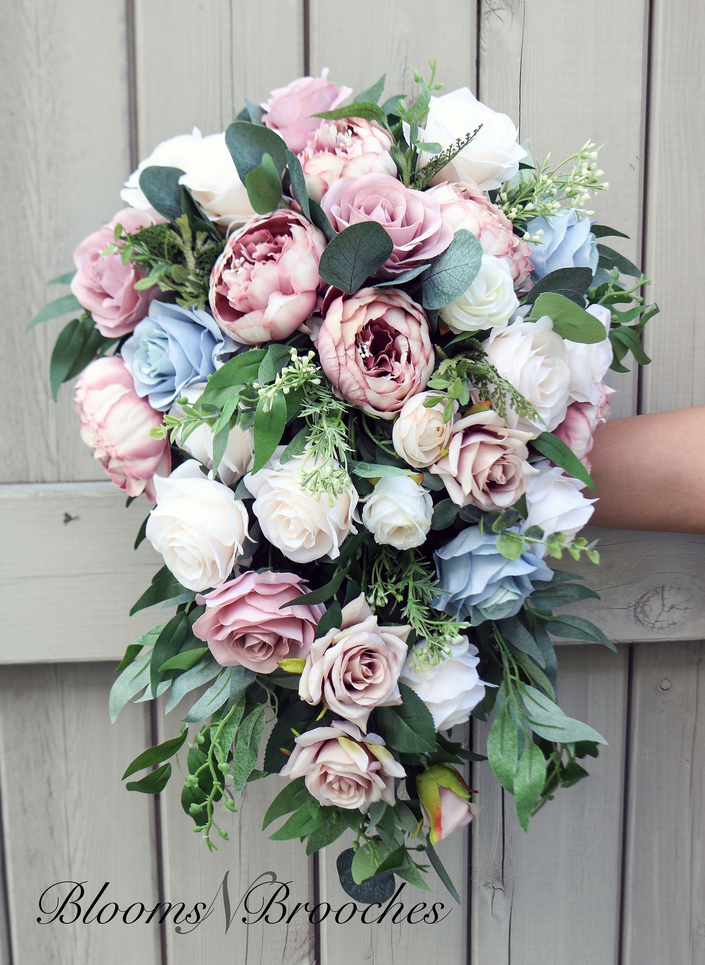 Cascade Bridal Bouquet, Wedding Bouquet Cascade, Dusty Blue Dusty Rose, Ivory Bouquet, Faux Wedding Flowers, Wedding Flowers, silk Bouquets