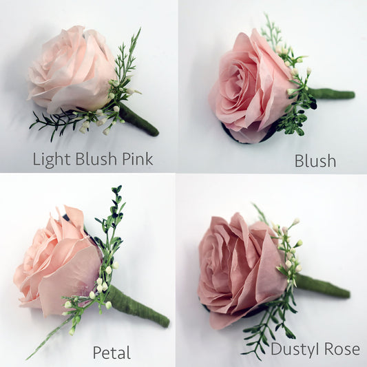 Dusty Rose Blush Rose Boutonniere, pink Boutonniere for wedding, buttonhole, boutonniere for men, Groom & Groomsmen, Homecoming prom , silk
