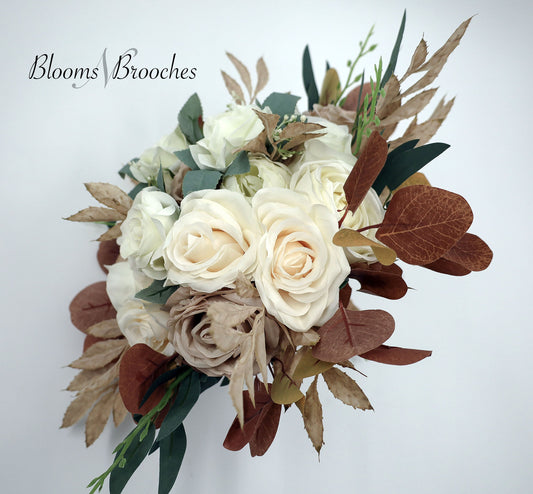 Fall Boho Wedding Bouquet, Bridal Bouquet Artificial, Ivory Cream and taupe wedding bouquets, Silk Wedding Flowers, Roes peony eucalyptus