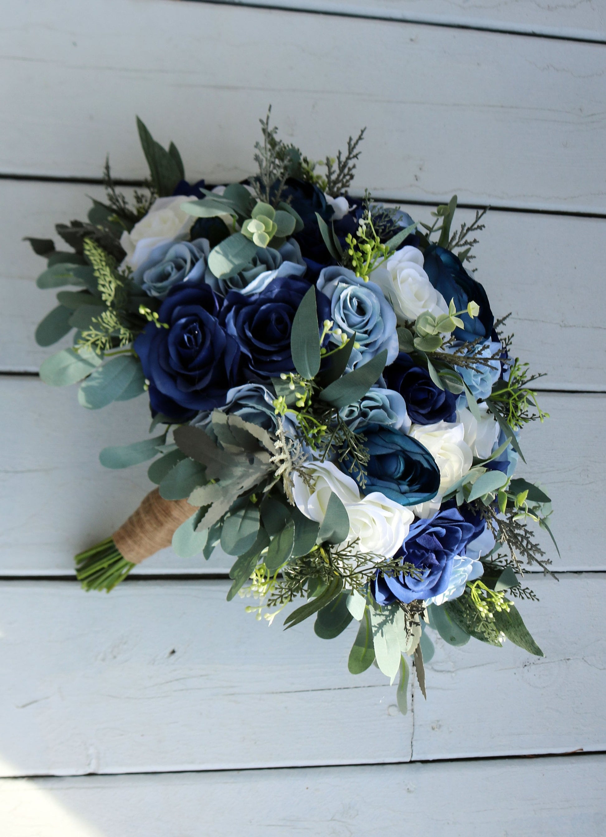 Boho Wedding Bouquet in Navy Dusty Blue and Ivory, Faux Bridal and Bridesmaids bouquets, Artificial Wedding Flowers Roses, eucalyptus