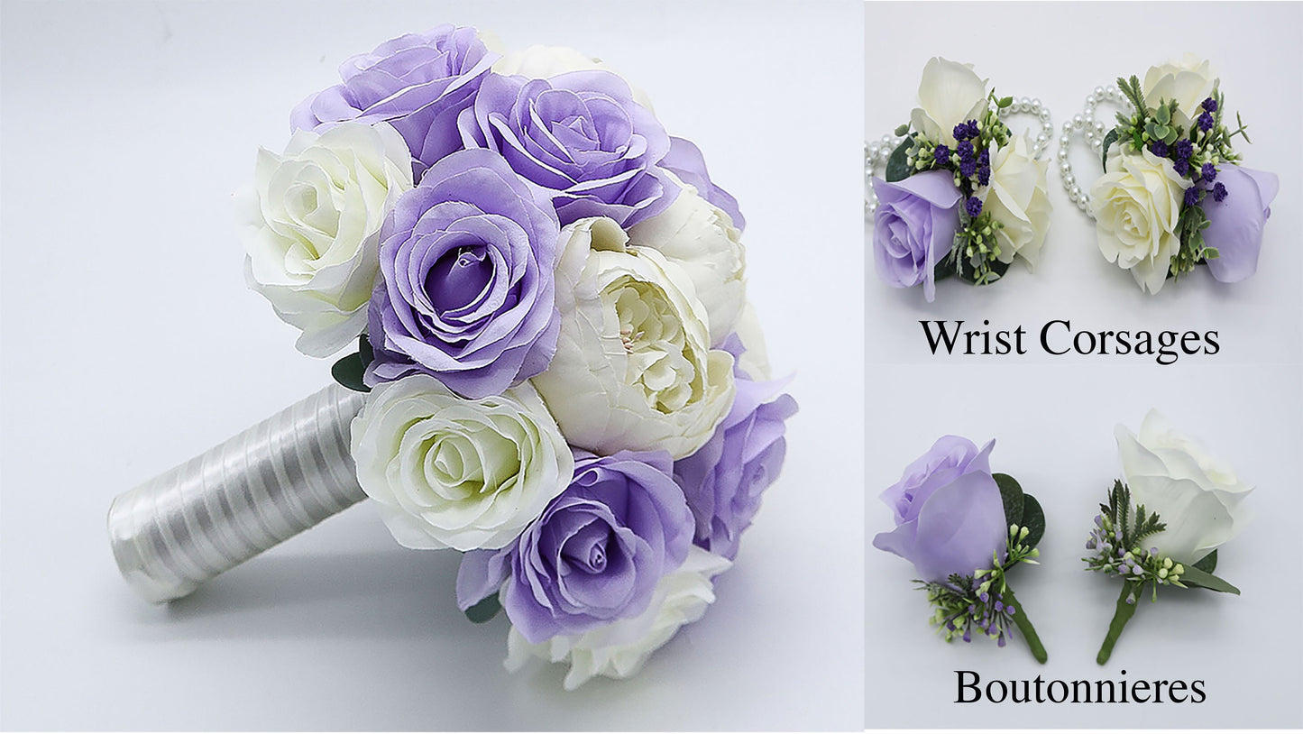 Lilac Ivory Wedding Bouquets, Artificial Flowers for bride and bridesmaids, Silk Bridal bouquets corsages boutonnieres, Wedding Flowers