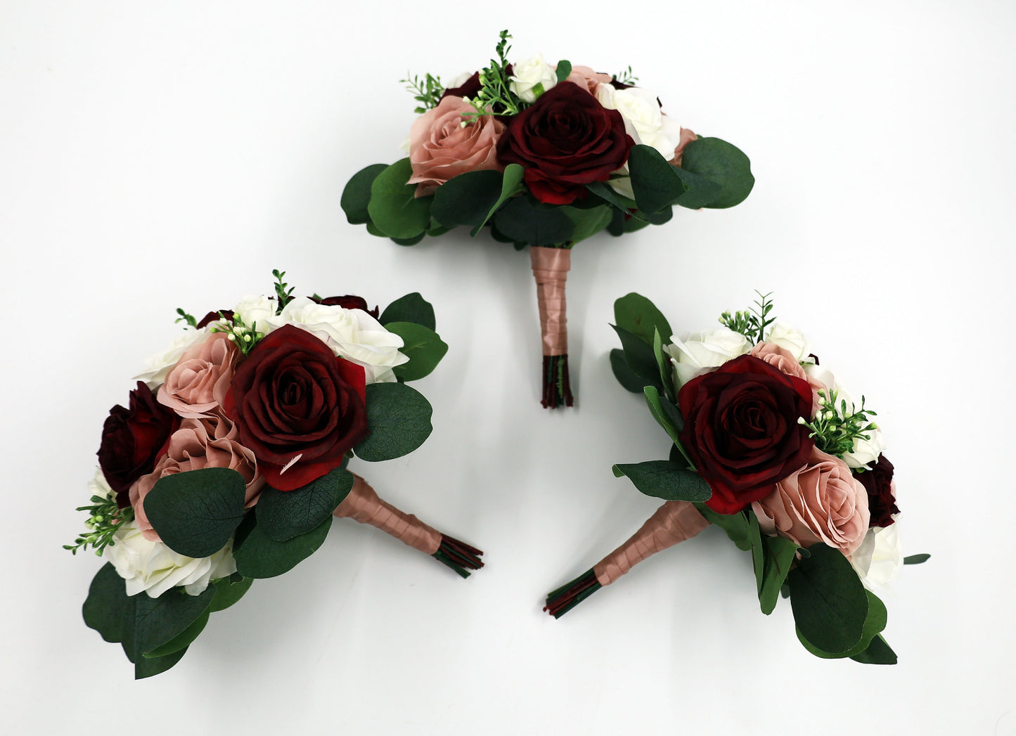 Burgundy Dusty Rose Ivory Wedding Bouquets, Faux Artificial Bridal and Bridesmaids Bouquets, Silk Wedding Flowers with Roses Eucalyptus