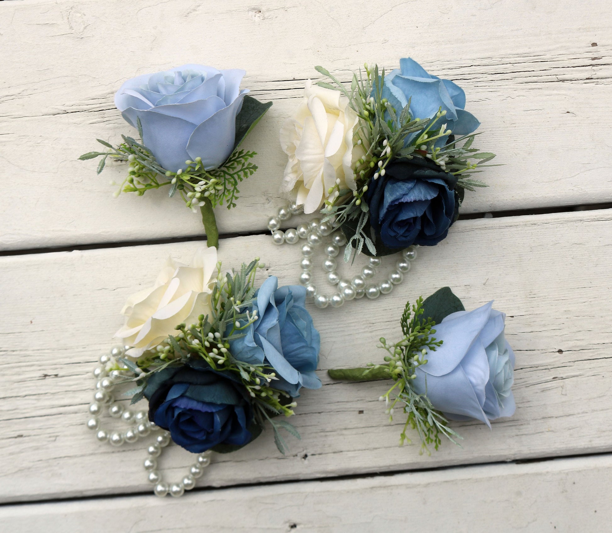 Boho Wedding Bouquet in Navy Dusty Blue and Ivory, Faux Bridal and Bridesmaids bouquets, Artificial Wedding Flowers Roses, eucalyptus