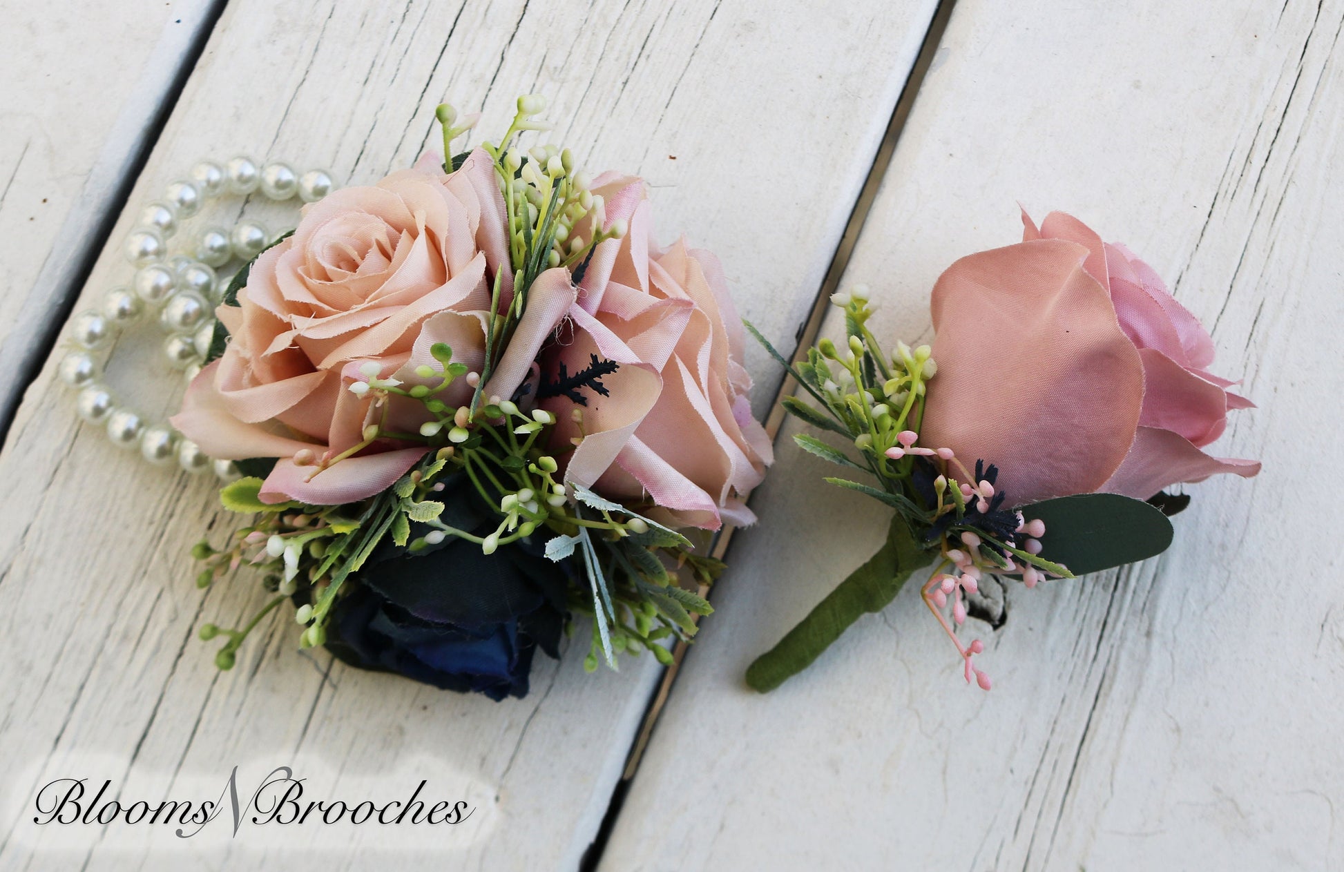 Navy Dusty Rose and Rose Gold Wedding Bouquet, Navy Bridal Bouquet, Bridesmaids Bouquets, Artificial Wedding Flowers, Roses, Peonies