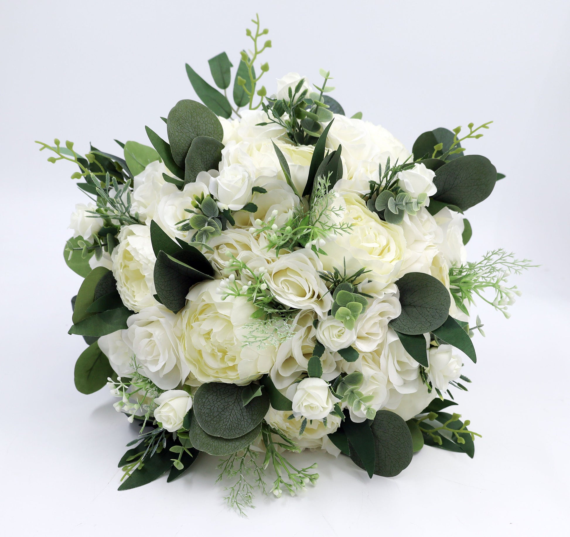 Wedding Bouquet, Bridal Bridesmaids Bouquets, Faux Eucalyptus wedding bouquet, White Ivory Wedding Flowers, Silk Florals for Weddings