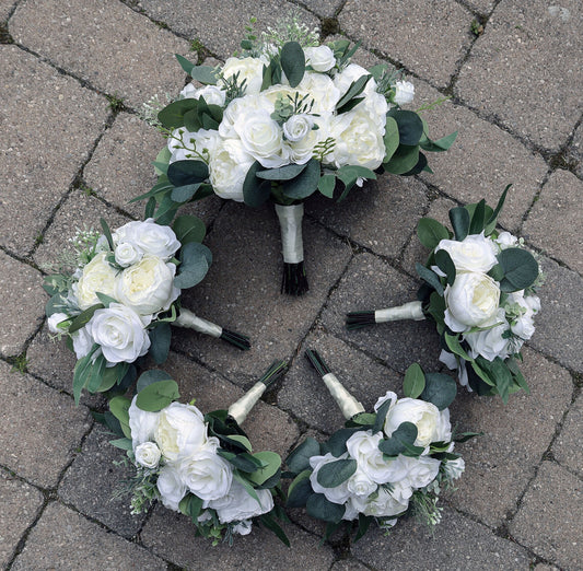 White Ivory Greenery Wedding Bouquet, Bridal Bridesmaids Bouquets, Faux Eucalyptus wedding bouque, Silk Florals for Weddings