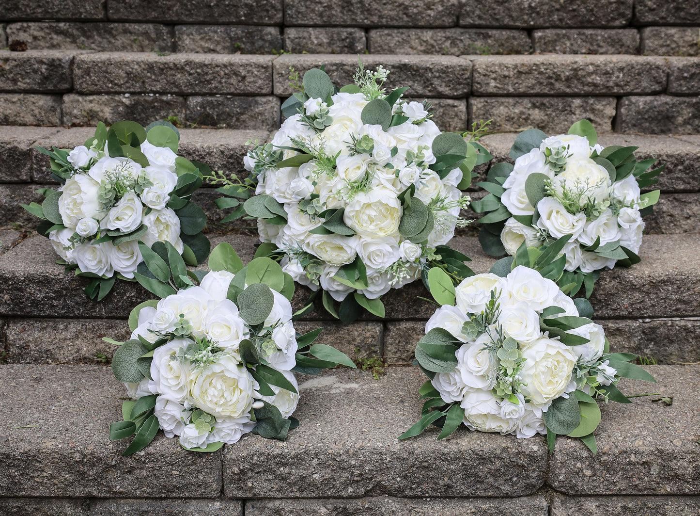 Wedding Bouquet, Bridal Bridesmaids Bouquets, Faux Eucalyptus wedding bouquet, White Ivory Wedding Flowers, Silk Florals for Weddings
