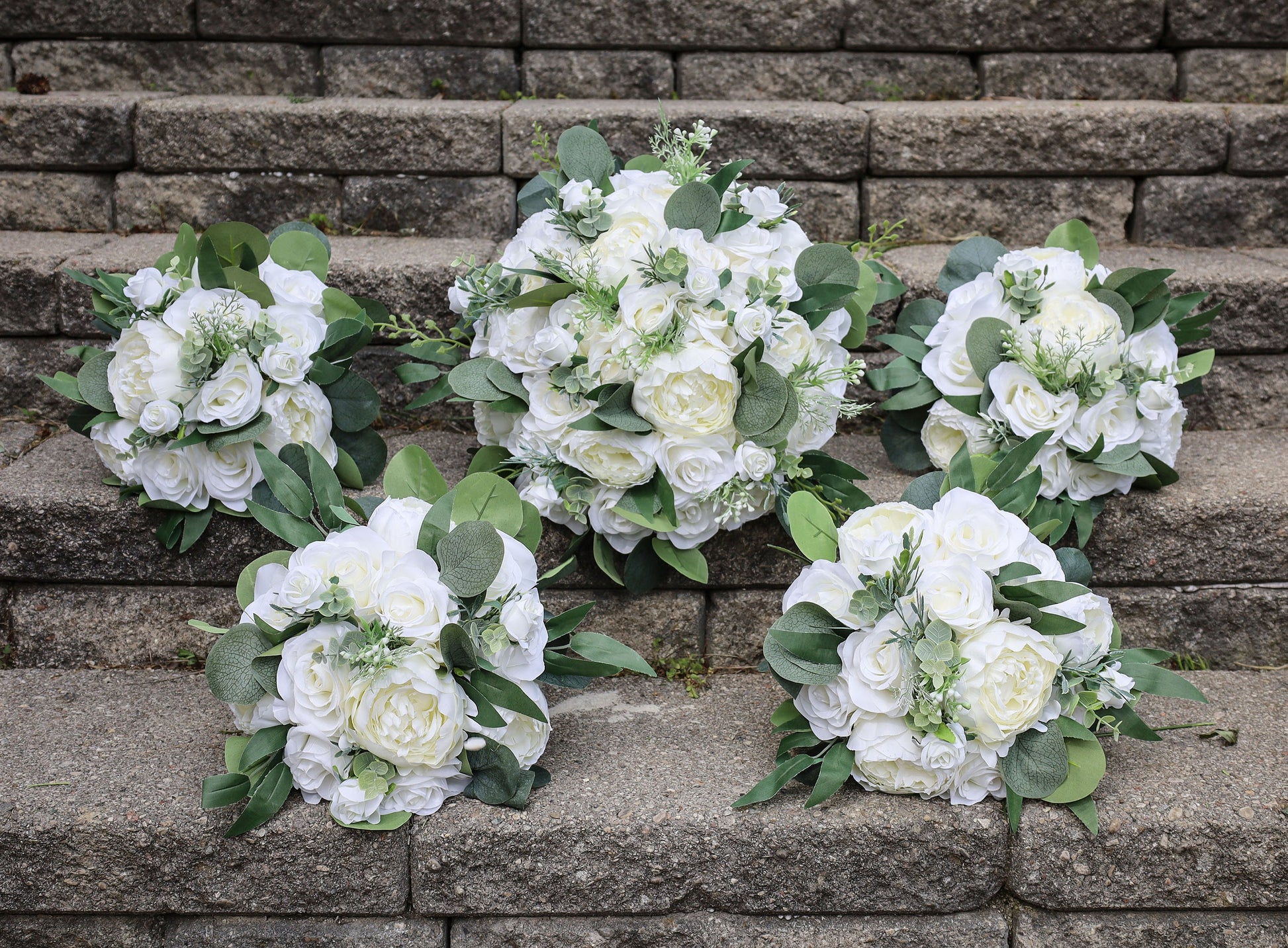 Wedding Bouquet, Bridal Bridesmaids Bouquets, Faux Eucalyptus wedding bouquet, White Ivory Wedding Flowers, Silk Florals for Weddings