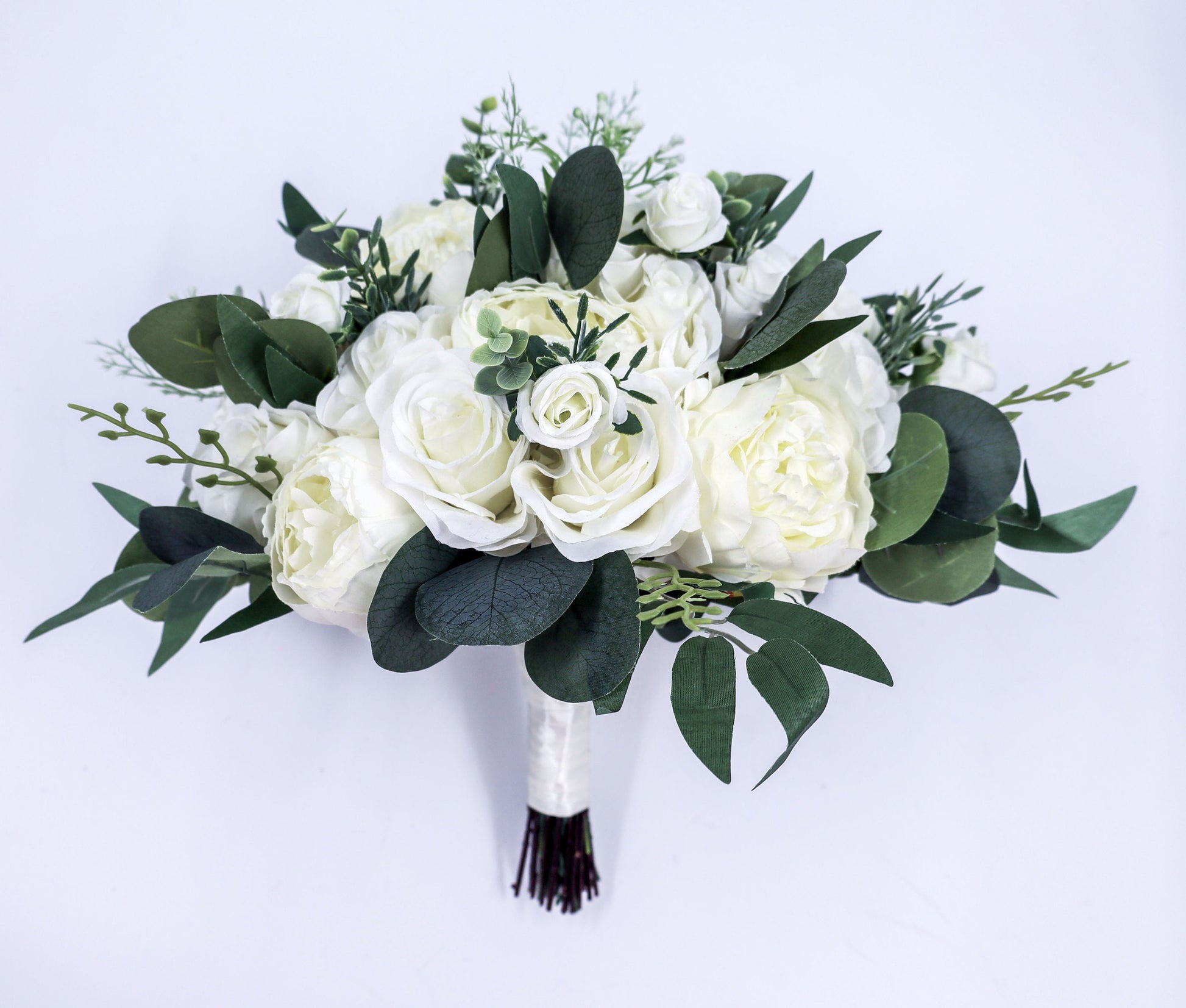 Wedding Bouquet, Bridal Bridesmaids Bouquets, Faux Eucalyptus wedding bouquet, White Ivory Wedding Flowers, Silk Florals for Weddings