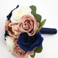 Artificial Wedding Flowers Navy and Dusty Rose, Silk Bridal bouquet and bridesmaids bouquets for weddings, Faux peony rose bouquets