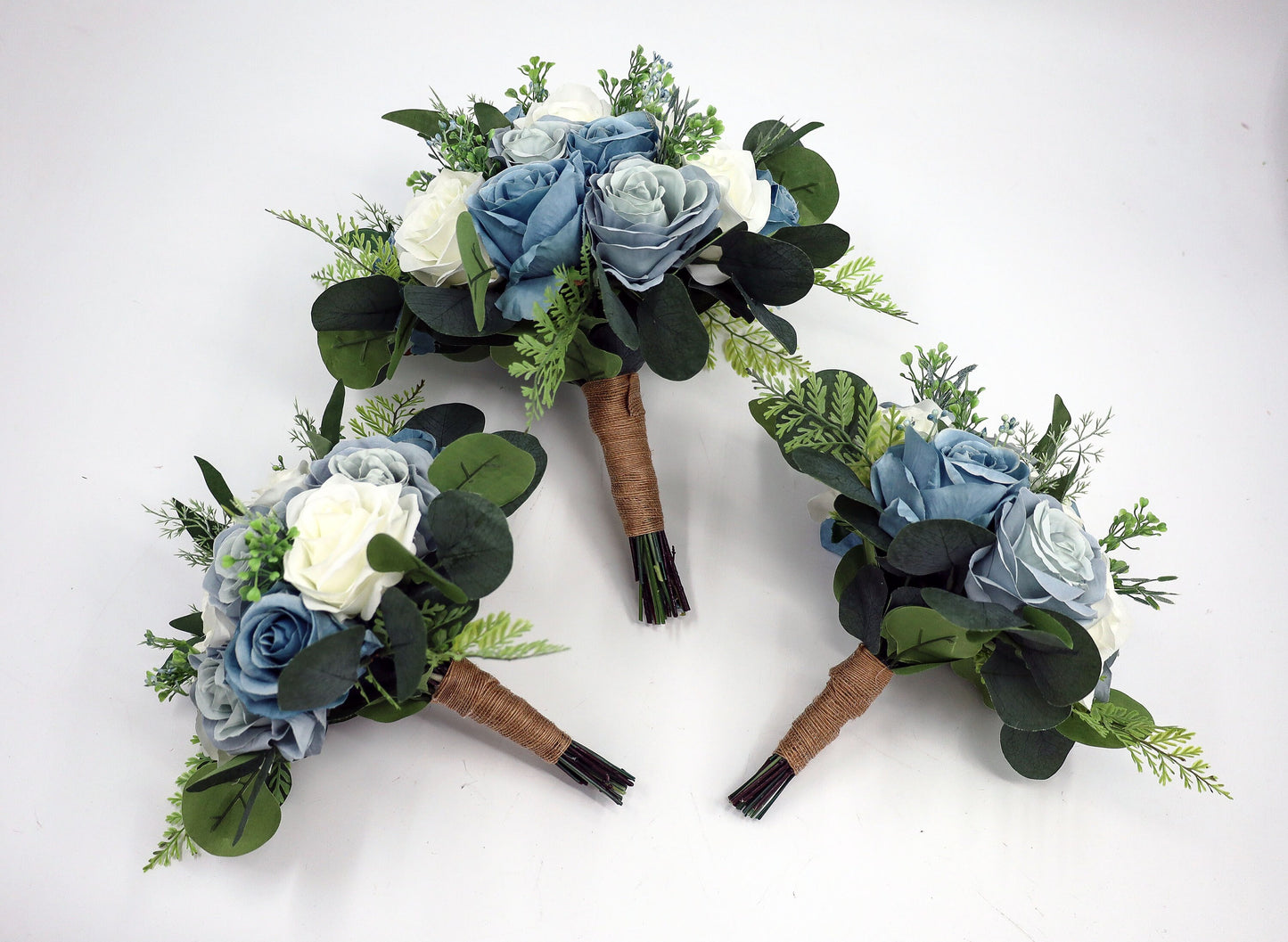 Faux Bridal bouquet with dusty blue steel blue flowers, Wedding Bride Bridesmaids Bouquets in white and blue rose eucalyptus greenery