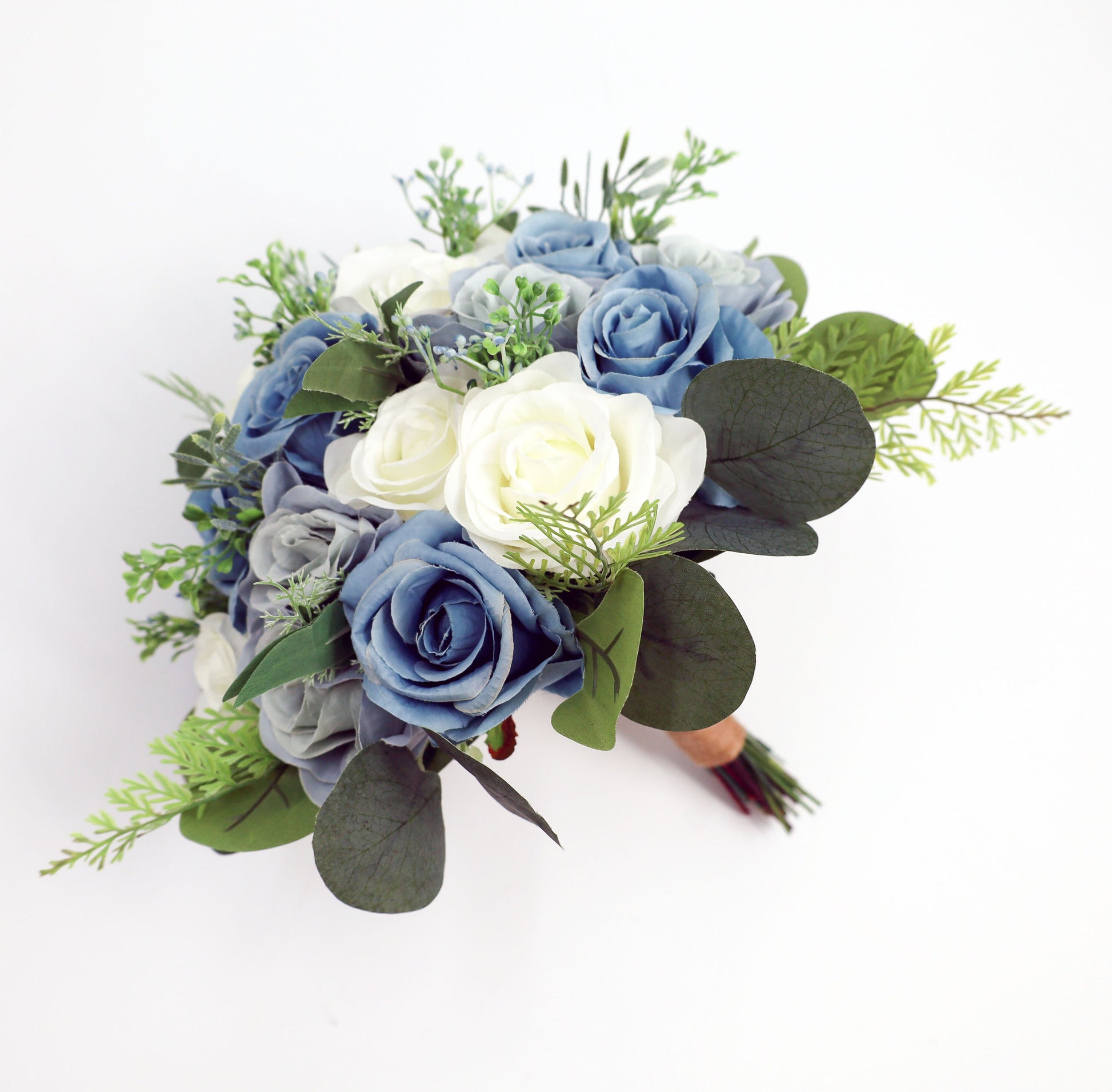 Faux Bridal bouquet with dusty blue steel blue flowers, Wedding Bride Bridesmaids Bouquets in white and blue rose eucalyptus greenery