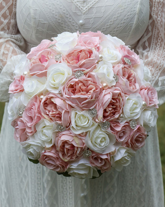 Blush Pink Ivory Wedding Bouquet, Round Crystal Pearl Bouquet for Bride, Faux Bridal Bouquet Bridesmaids Bouquets, Rose Peony Bouquet