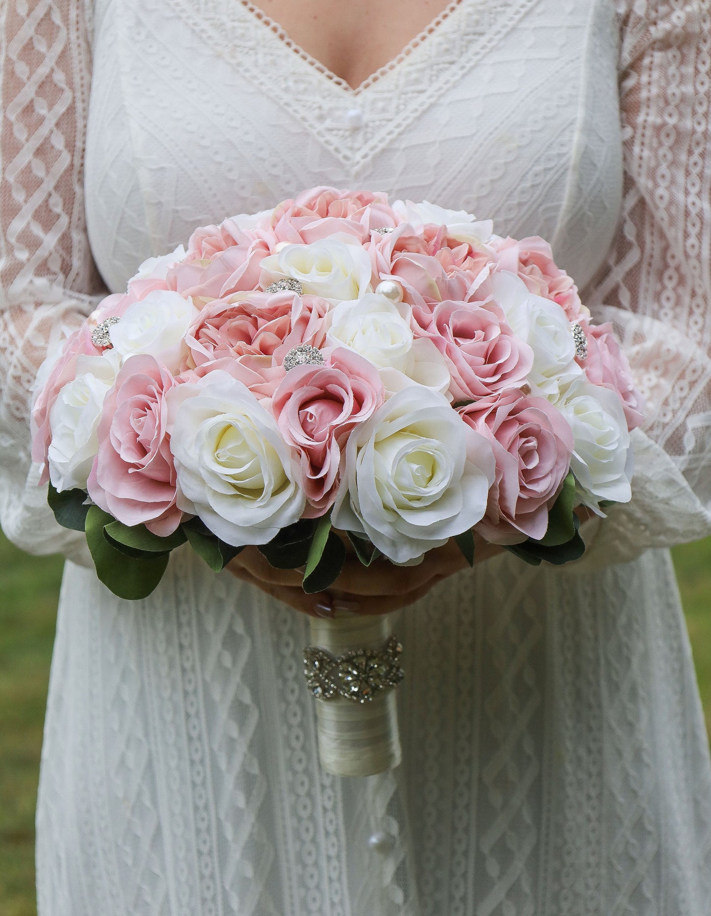 Blush Pink Ivory Wedding Bouquet, Round Crystal Pearl Bouquet for Bride, Faux Bridal Bouquet Bridesmaids Bouquets, Rose Peony Bouquet