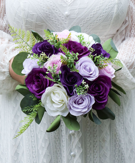 Purple Wedding Bouquets for Bride Bridesmaids, Artificial Boho Bridal Bouquets, Purple Lilac Faux Florals, Silk Wedding flowers