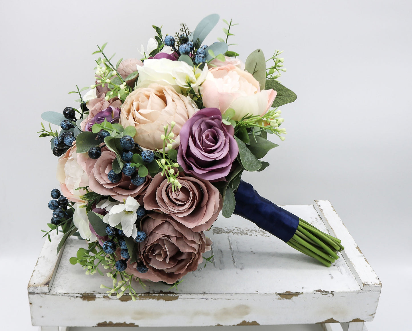 Spring Wedding Bouquet Mauve Dusty Rose Purples Navy, Bridal Bouquet Artificial, Silk Wedding Bouquet Peonies Garden Roses Roses Berries