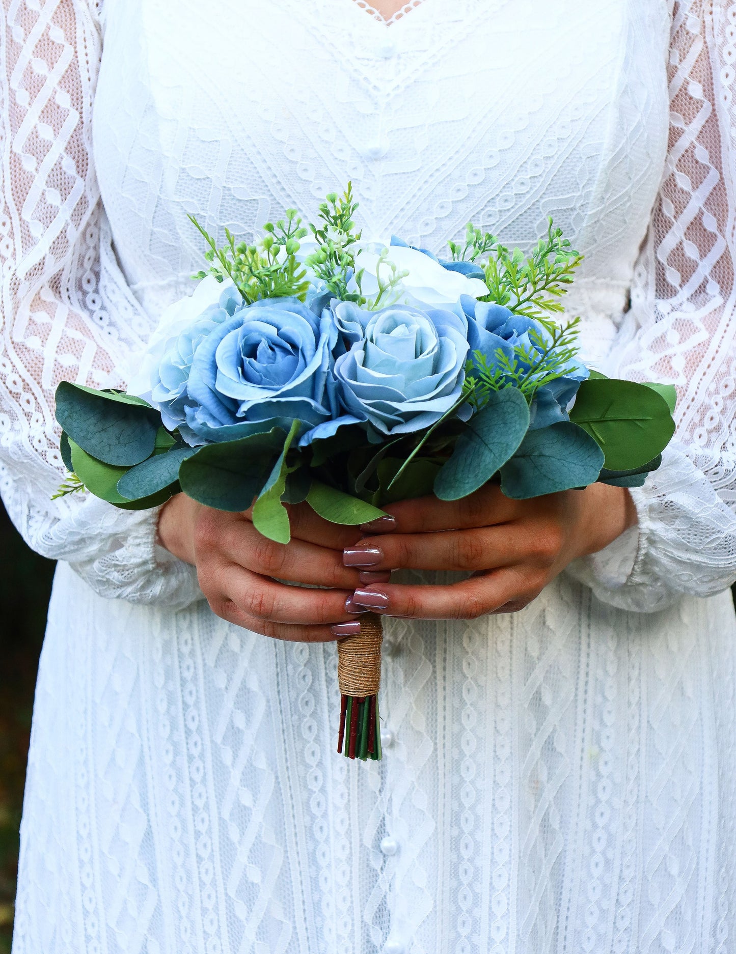 Wedding Bouquet Blue, Artificial Steel Blue Dusty Blue white Bridal Bridesmaids Bouquets, Boho Bouquet Silk, Faux Wedding Flowers, Silk