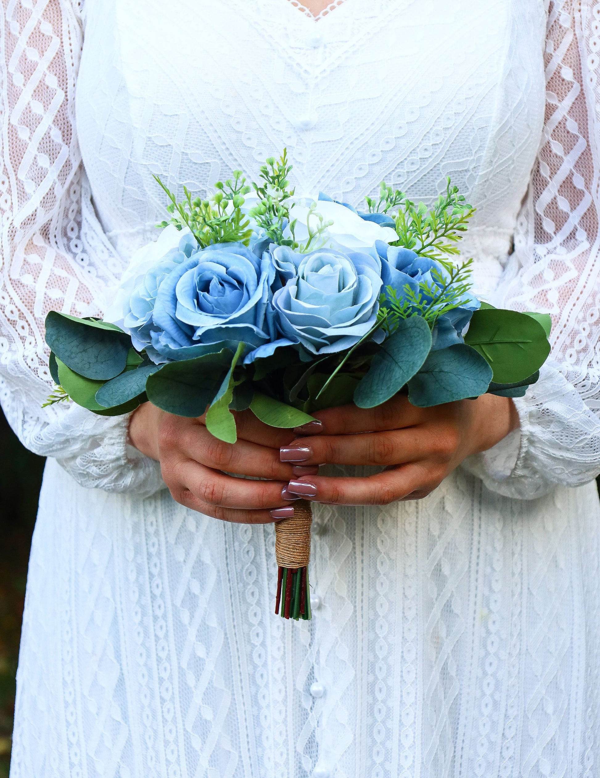 Wedding Bouquet Blue, Artificial Steel Blue Dusty Blue white Bridal Bridesmaids Bouquets, Boho Bouquet Silk, Faux Wedding Flowers, Silk