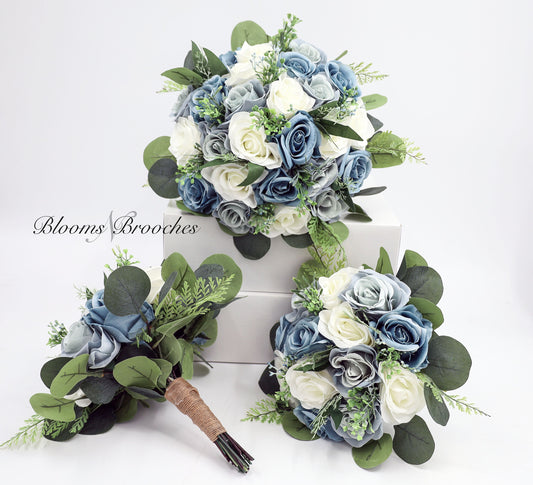 Faux Bridal bouquet with dusty blue steel blue flowers, Wedding Bride Bridesmaids Bouquets in white and blue rose eucalyptus greenery