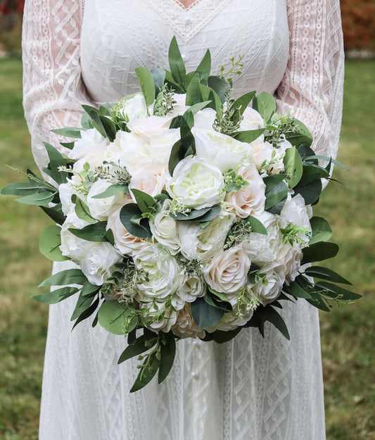 Ivory White & Greenery Wedding Bouquet, Bridal Bouquet, Bridesmaids Bouquets, Boho Wedding Bouquet, Peonies Roses eucalyptus, Faux flowers