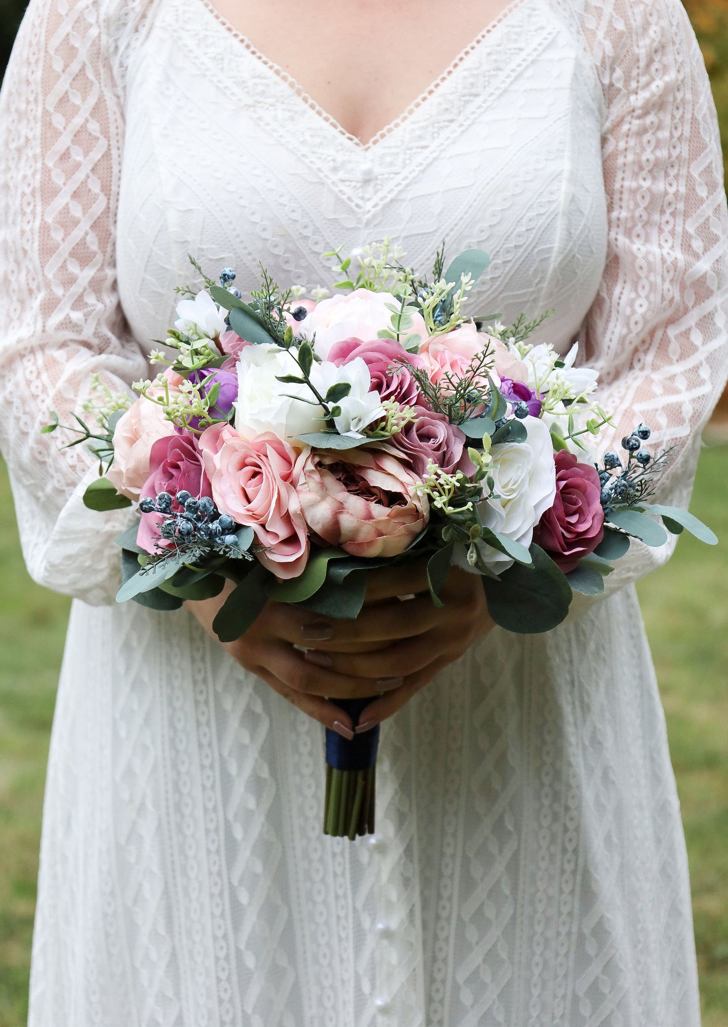 Spring Wedding Bouquet Mauve Dusty Rose Purples Navy, Bridal Bouquet Artificial, Silk Wedding Bouquet Peonies Garden Roses Roses Berries
