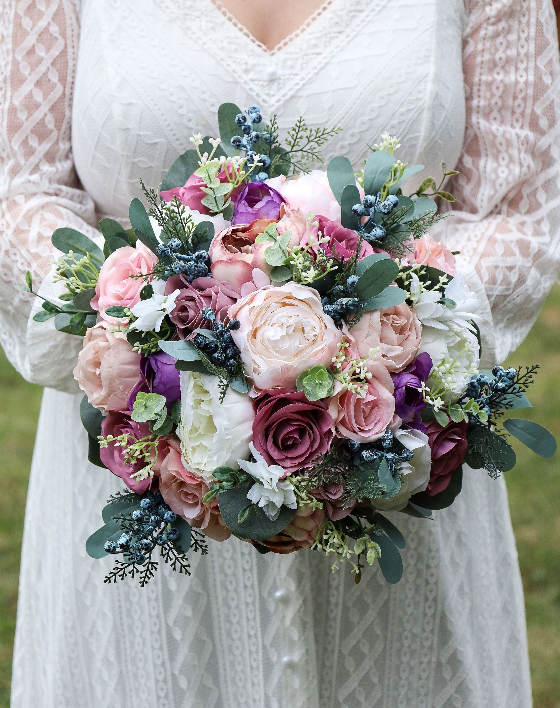 Spring Wedding Bouquet Mauve Dusty Rose Purples Navy, Bridal Bouquet Artificial, Silk Wedding Bouquet Peonies Garden Roses Roses Berries