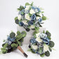 Wedding Bouquet Blue, Artificial Steel Blue Dusty Blue white Bridal Bridesmaids Bouquets, Boho Bouquet Silk, Faux Wedding Flowers, Silk