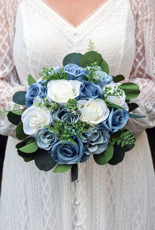 Wedding bouquet blue, boho steel blue dusty blue artificial bouquets, bridal bouquet bridesmaids bouquets
