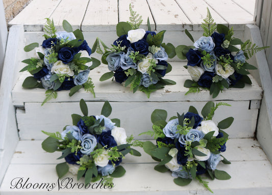 Navy, dusty blue and Ivory Boho Wedding Bouquets, Bridal Bouquet, Bridesmaids bouquet, Artificial Wedding Flowers, artificial Flowers