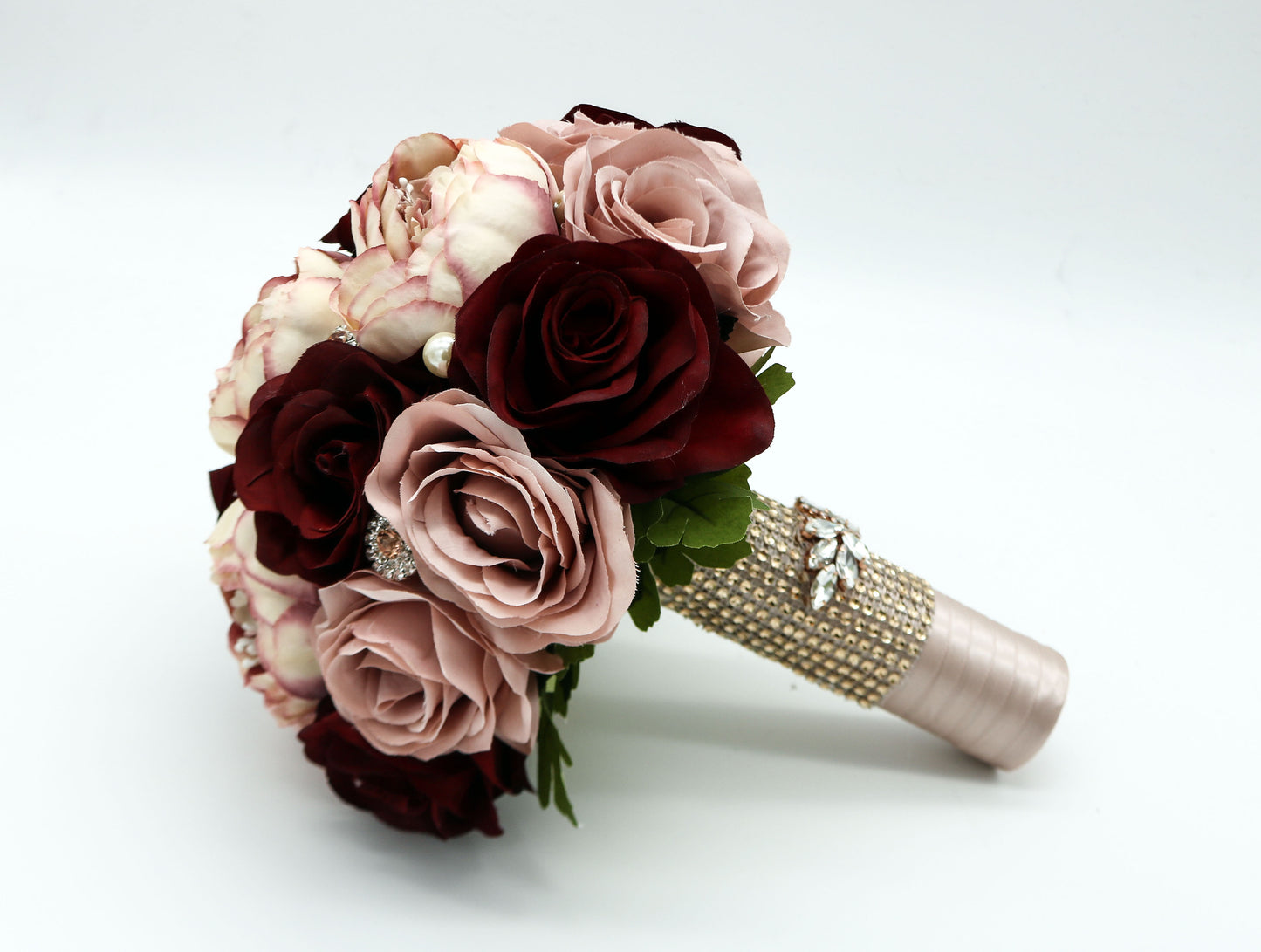 Dusty Rose and Rose Gold Wedding Bouquet, Wine Bridal Bouquet, Bridesmaids Bouquets, Artificial Wedding Flowers, Roses, Peonies, Rhinestones