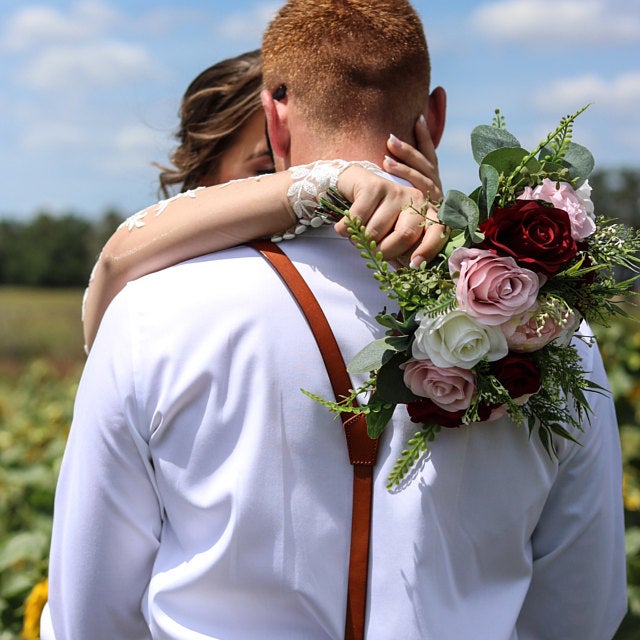 Wine Blush and Ivory Boho Wedding Bouquets, Bridal Bouquet,Wedding floral Package, Bridesmaids bouquet, Artificial Wedding Flowers, Boho Wedding, Burgundy Flowers